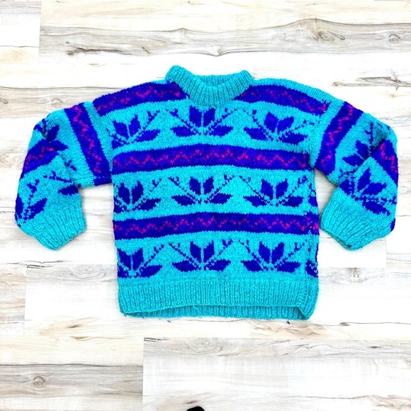 Handmade snowflake fair isle bright retro sweater no size tag check measurements - Picture 2 of 3